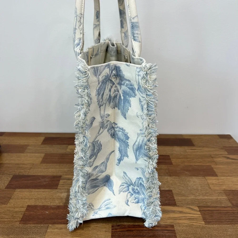 SANDRO Kabash Blue Floral Tote Bag Purse Fringe Hem Large Travel Canvas Designer - Picture 4 of 12